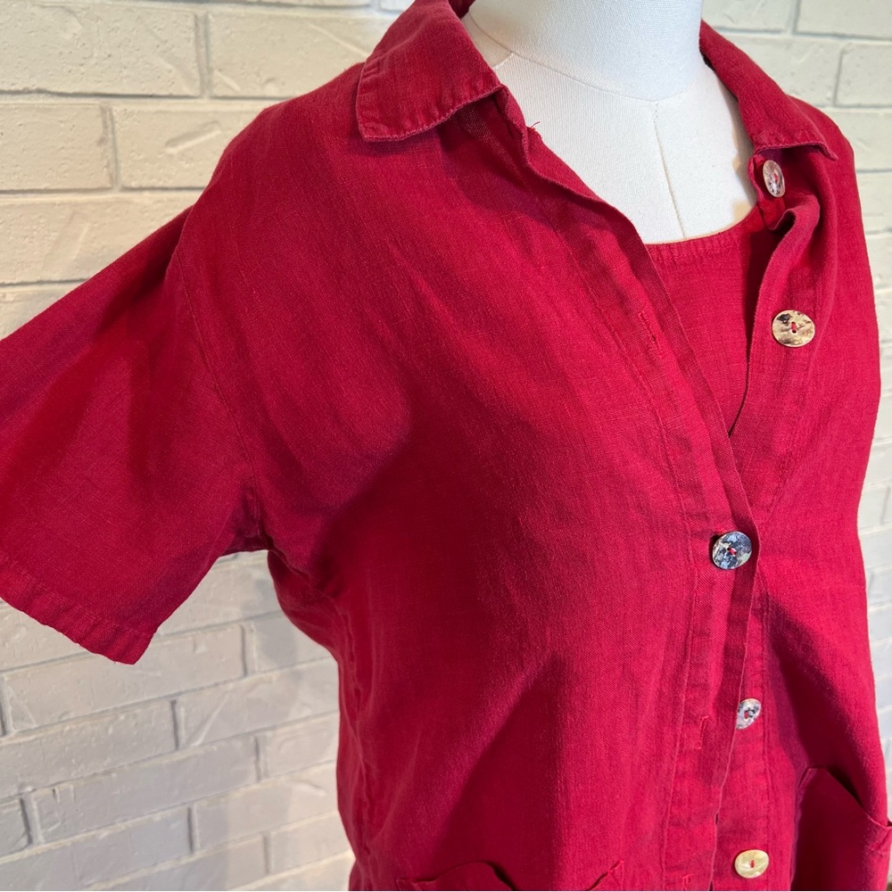 Vintage 90s y2k Donna Red 100% Linen Shirt and Dress Set Womens S - Picture 3 of 13